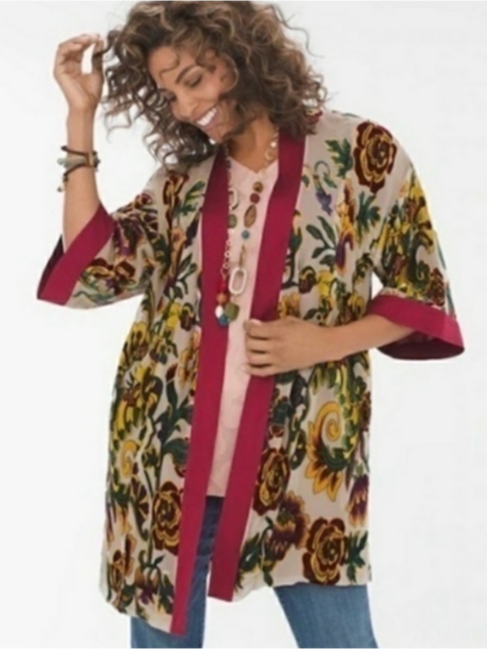 Chico's Floral Velvet Burnout Kimono Jacket with Berry Trim